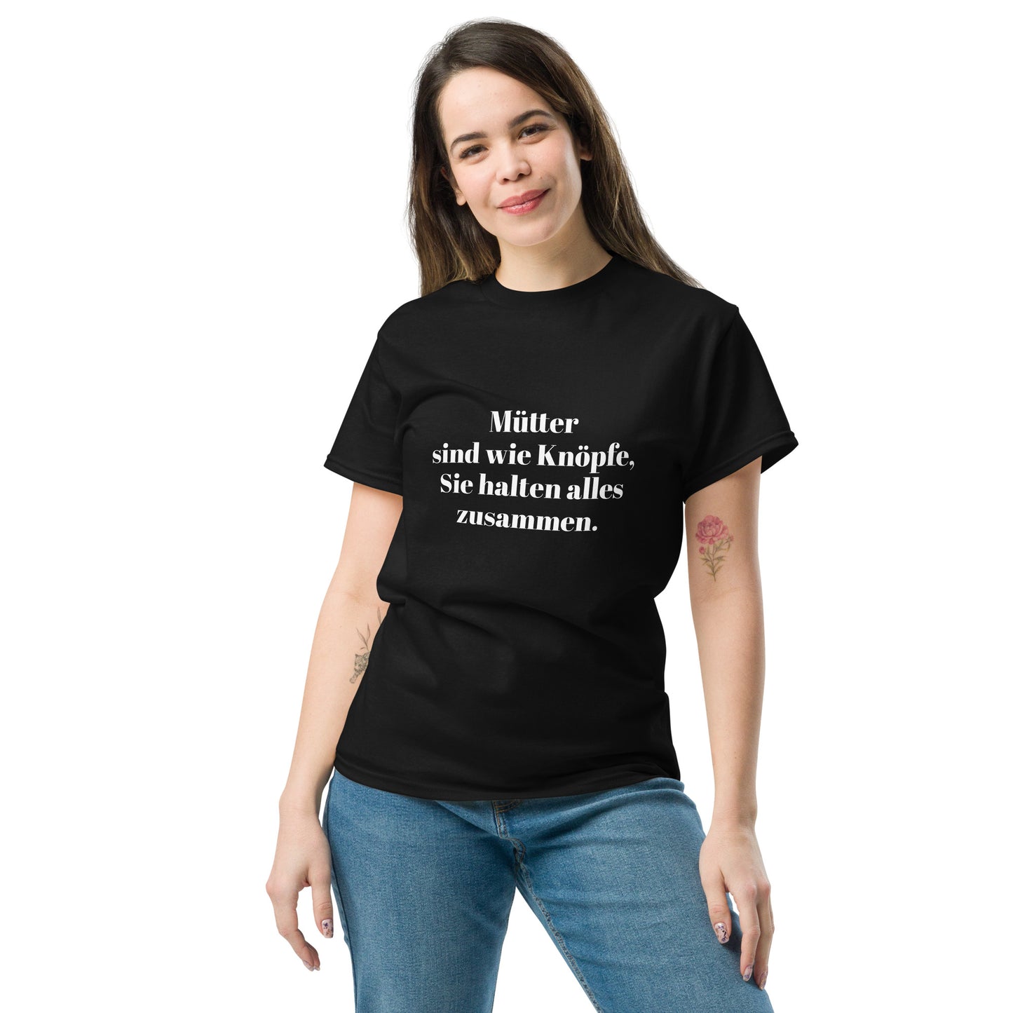 Unisex T-Shirt mit Spruch "Mütter sind wie Knöpfe" - Schwarz