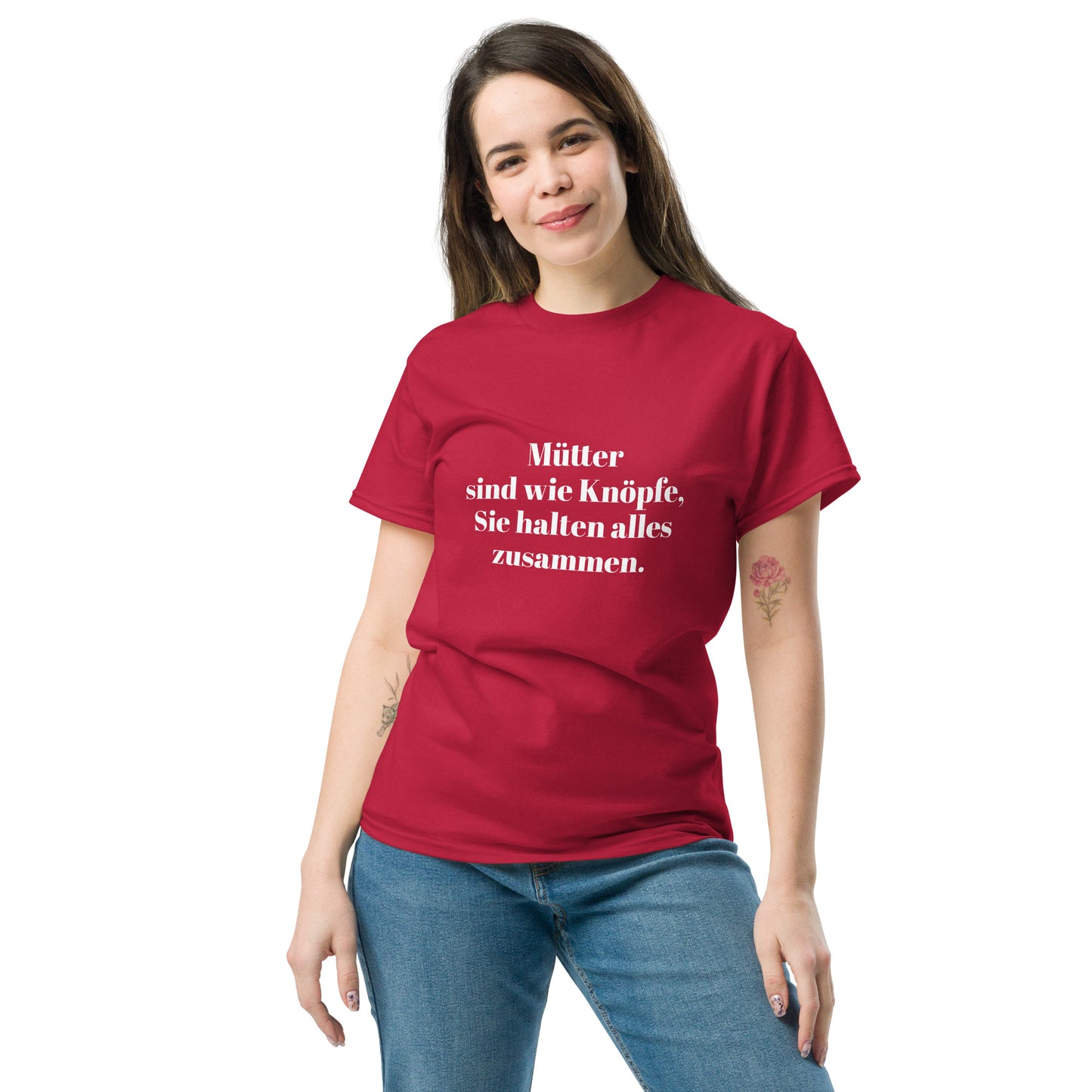 Unisex T-Shirt mit Spruch "Mütter sind wie Knöpfe" - Kardinalrot