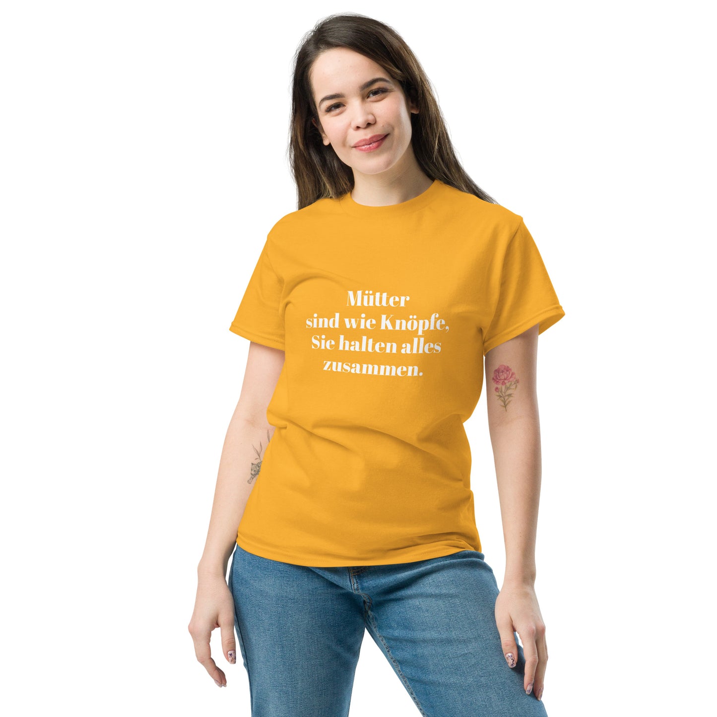 Unisex T-Shirt mit Spruch "Mütter sind wie Knöpfe" - Gold