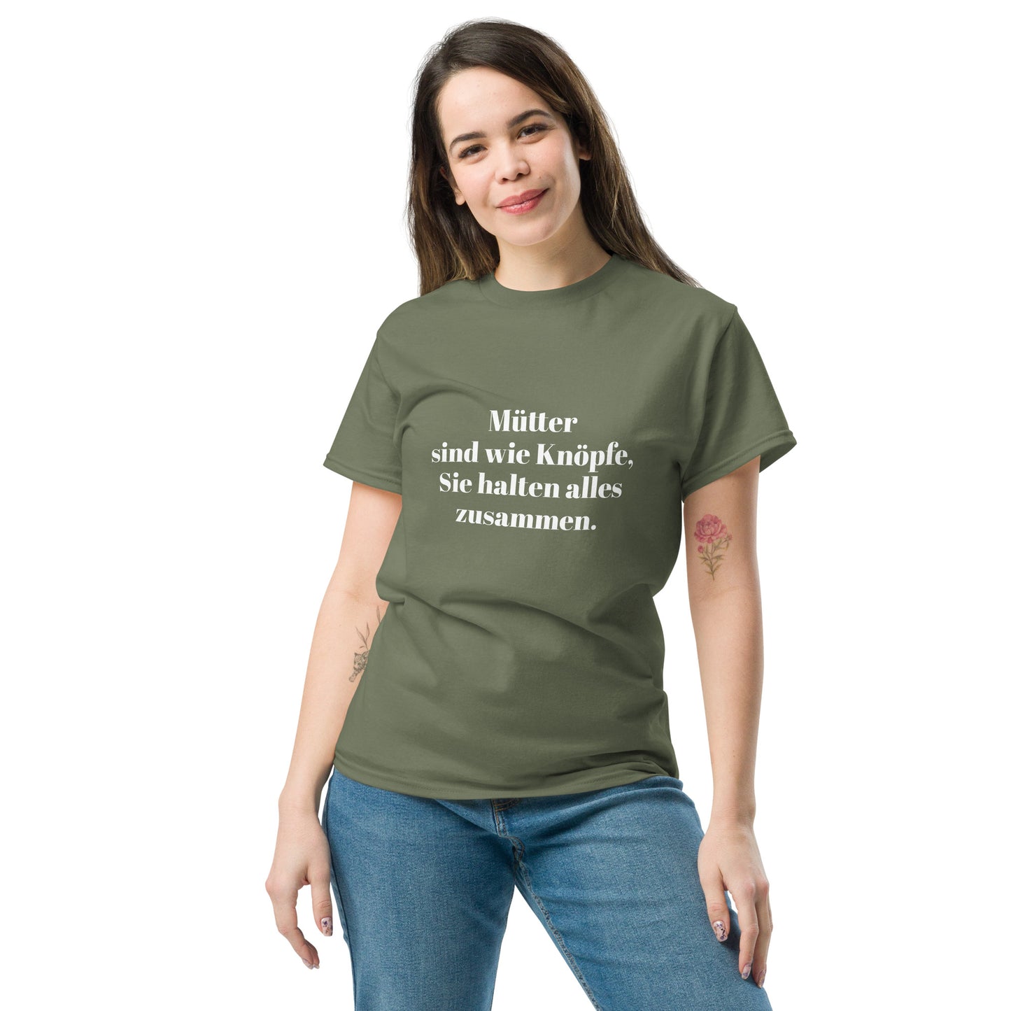 Unisex T-Shirt mit Spruch "Mütter sind wie Knöpfe" - Militärgrün