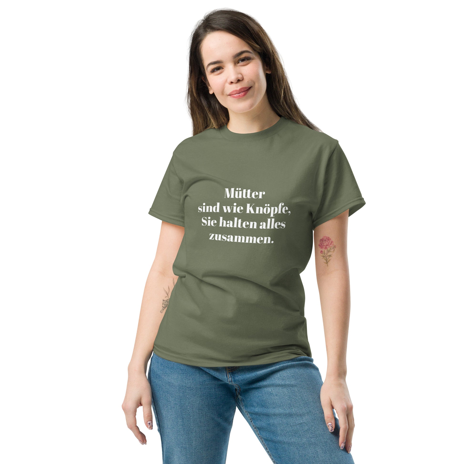 Unisex T-Shirt mit Spruch "Mütter sind wie Knöpfe" - Militärgrün